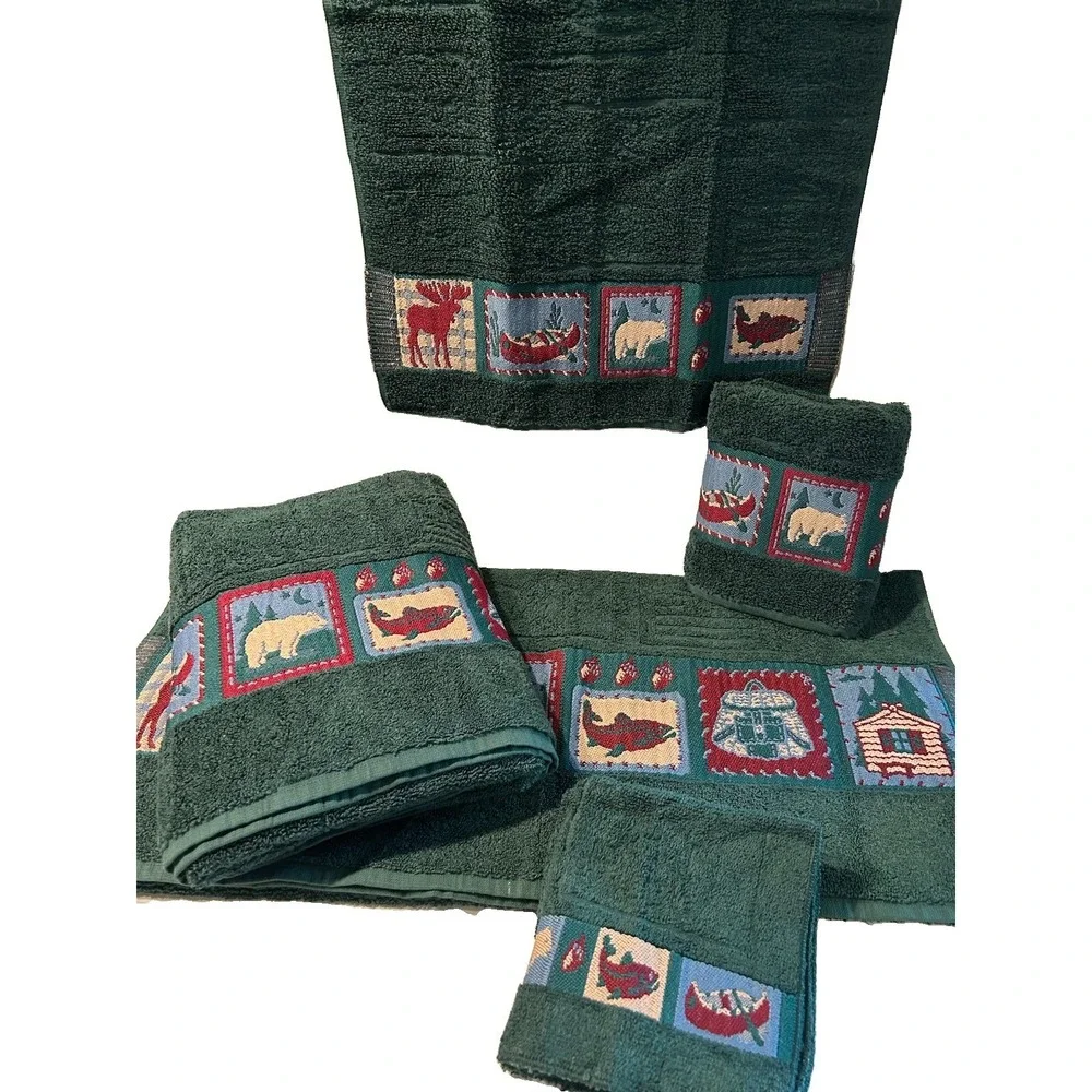 Jubilee Bath Towel Set Cabin Woodland Hunting Theme 6 Piece Set Hunter Green
